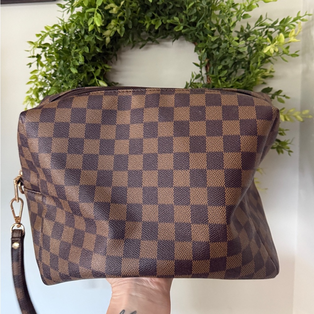 Brown Checkered Cosmetic Bag